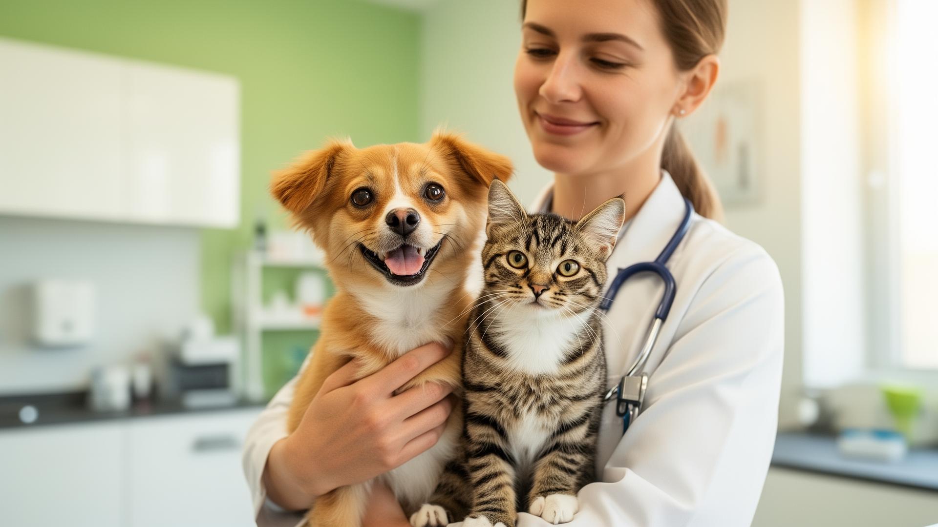 Veterinária com cachorro e gato